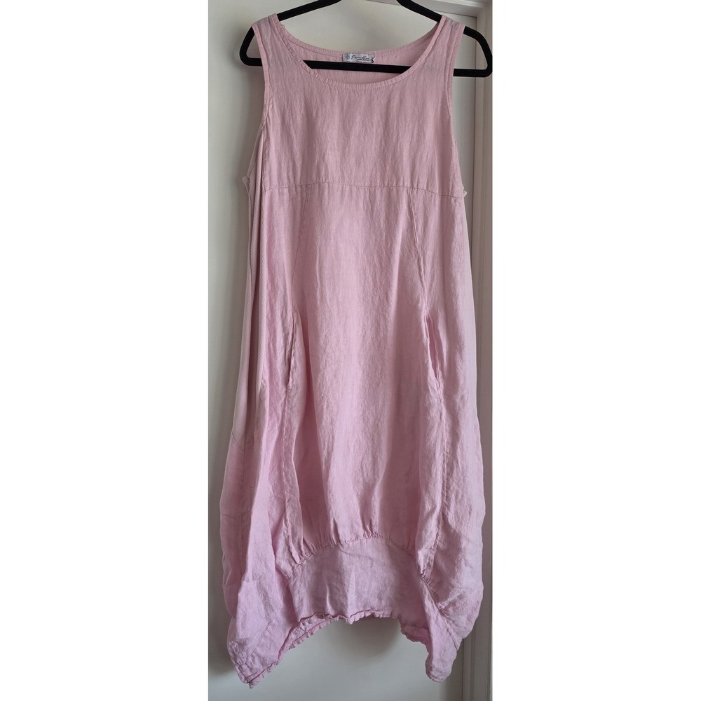 Paradise Linen Maxi Dress Size L Pink Sleeveless Italy Sundress Shift Slip
